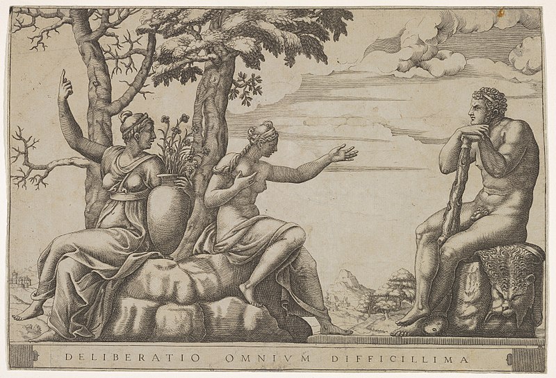 https://commons.wikimedia.org/wiki/File:Hercules_at_the_cross-roads,_he_is_seated_at_the_right,_to_the_left_are_female_personifications_of_Virtue_and_Vice_MET_DP832651.jpg
